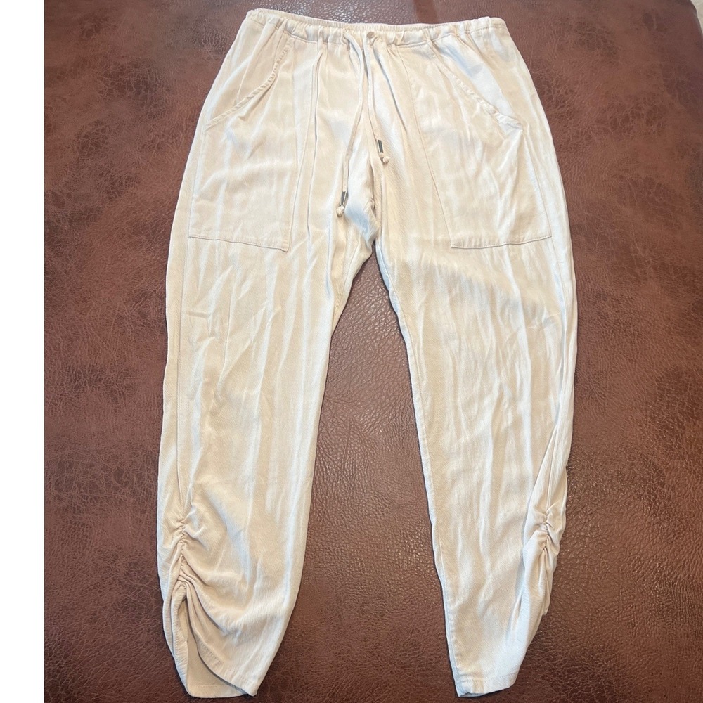 Natalie Busby Beige Linen Blend Cropped ruched Side Jogger Pants M Drawstring